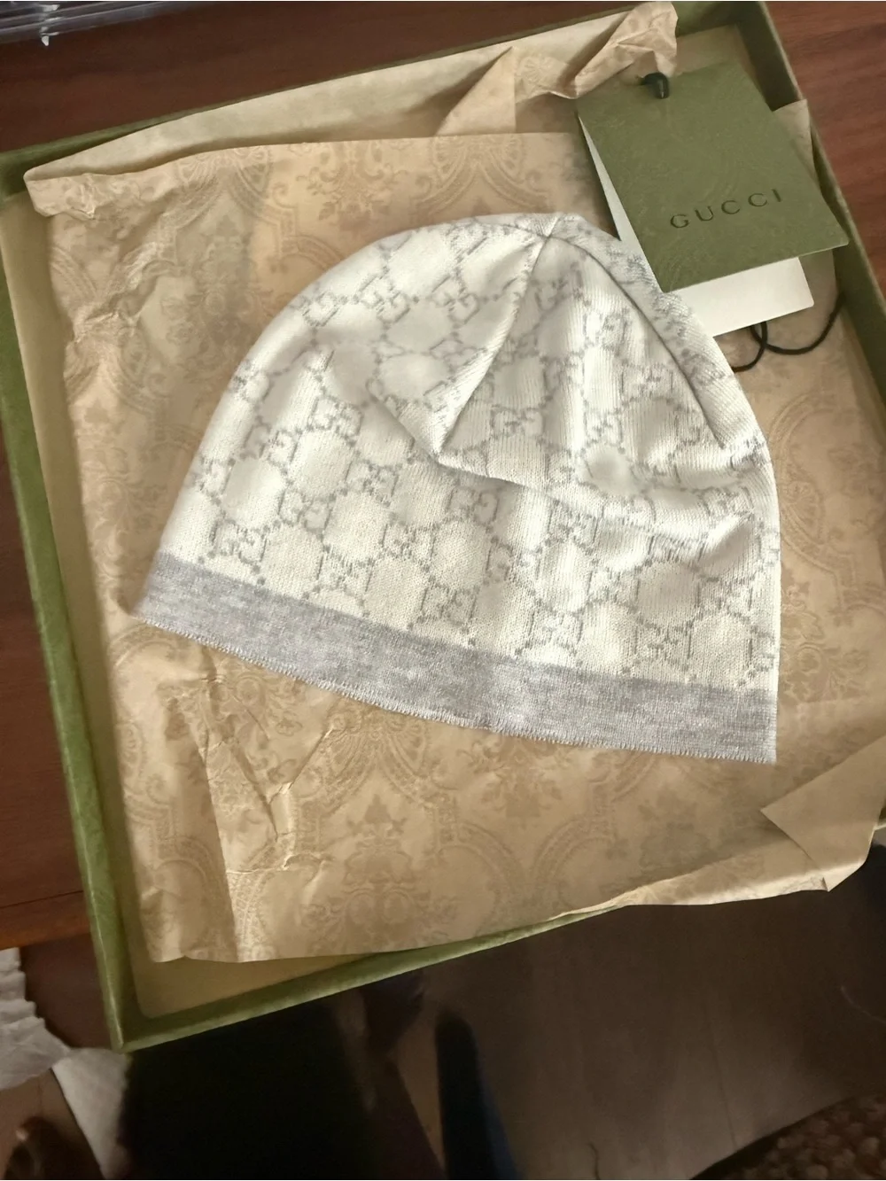 Gucci Ivory Beanie with Light Gray GG Pattern BABY